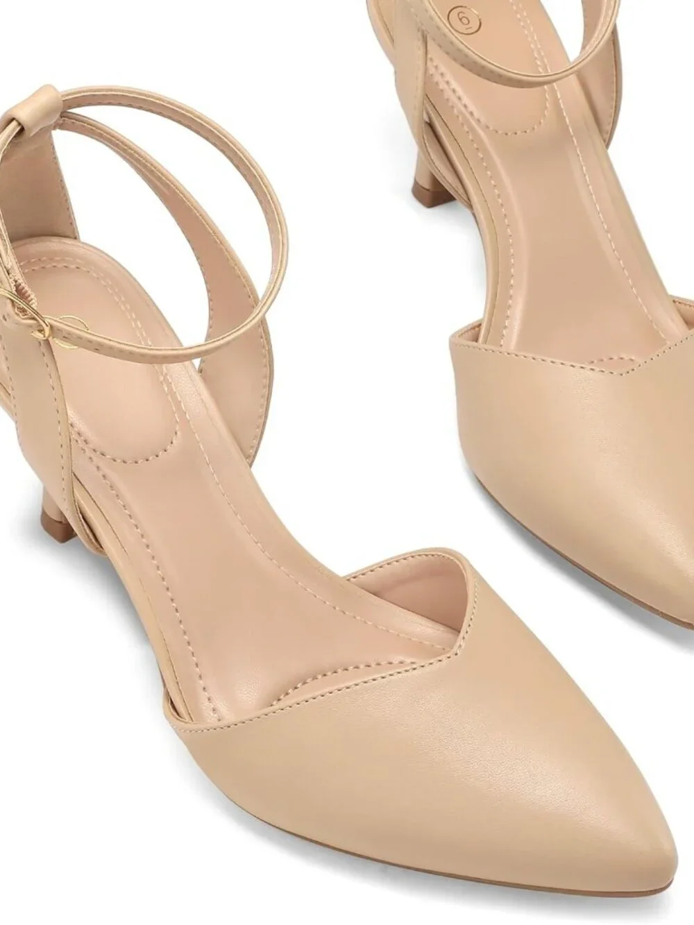 Women's Nude Pu Pumps Shoes Pointed Toe Kitten Low Heels Ankle Strap